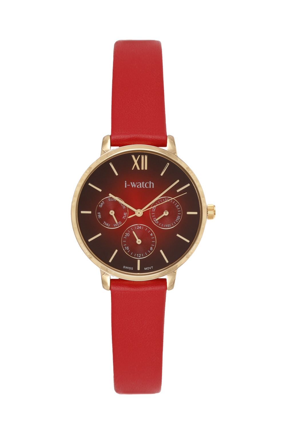تصویر  ساعت مچی آی واچ کرنو چرمی طلایی صفحه قرمز بند قرمز زنانه 190168