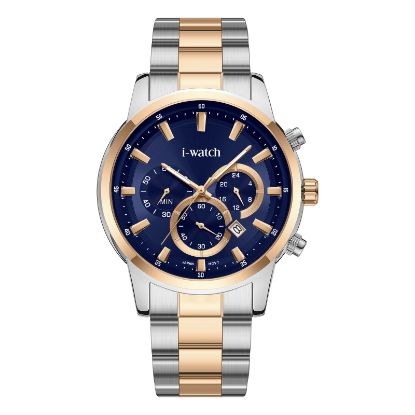 آی واچ کرونوگراف فلزی قاب دورنگ رزگلد صفحه سرمه ای بند دورنگ رزگلد مردانه 190304