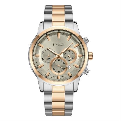 آی واچ کرونوگراف فلزی قاب دورنگ رزگلد صفحه طوسی بند دورنگ رزگلد مردانه 190304