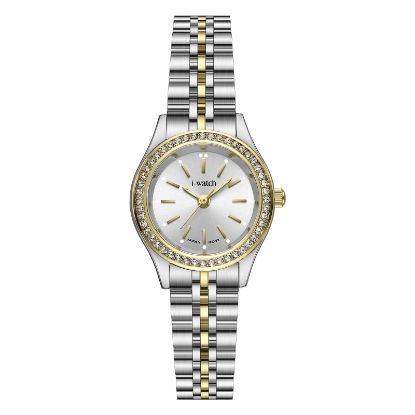 آی واچ کلاسیک فلزی قاب دورنگ صفحه سیلور نگین دار بند دورنگ زنانه 190292