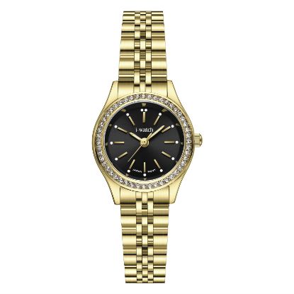 آی واچ کلاسیک فلزی قاب طلایی صفحه مشکی نگین دار بند طلایی زنانه 190292