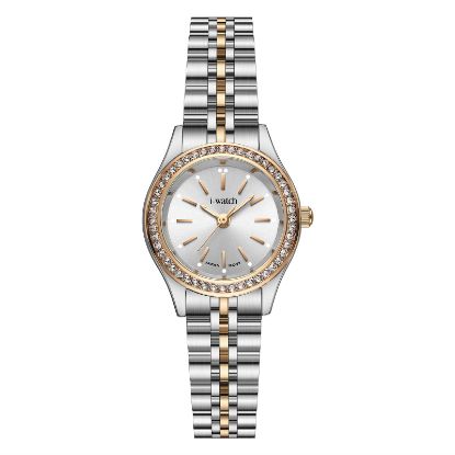 آی واچ کلاسیک فلزی قاب دورنگ رزگلد صفحه سیلور نگین دار بند دورنگ رزگلد زنانه 190292