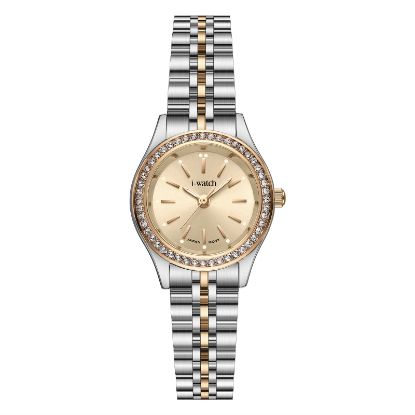 آی واچ کلاسیک فلزی قاب دورنگ رزگلد صفحه کرم نگین دار بند دورنگ رزگلد زنانه 190292