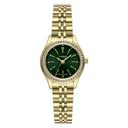 آی واچ کلاسیک فلزی قاب طلایی صفحه سبز نگین دار بند طلایی زنانه 190292