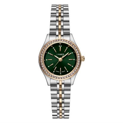آی واچ کلاسیک فلزی قاب دورنگ رزگلد صفحه سبز نگین دار بند دورنگ رزگلد زنانه 190292