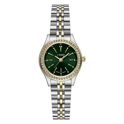 آی واچ کلاسیک فلزی قاب دورنگ صفحه سبز نگین دار بند دورنگ زنانه 190292