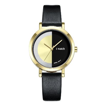 آی واچ کلاسیک چرمی قاب طلایی صفحه طلایی بند مشکی زنانه 190297