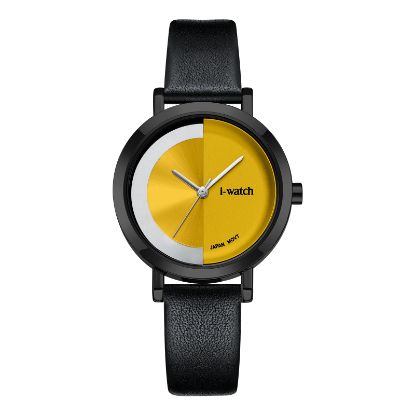 آی واچ کلاسیک چرمی قاب دودی صفحه زرد بند مشکی زنانه 190297
