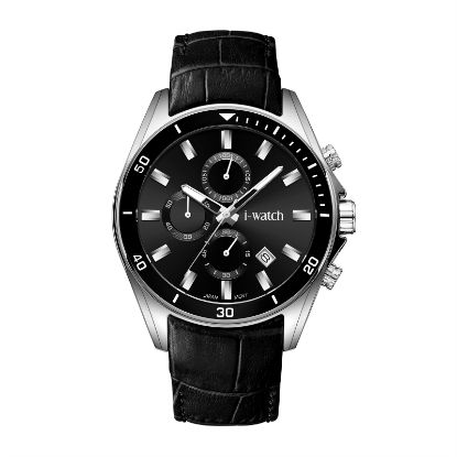 آی واچ کرونوگراف چرمی قاب استیل صفحه مشکی بند مشکی مردانه 190318
