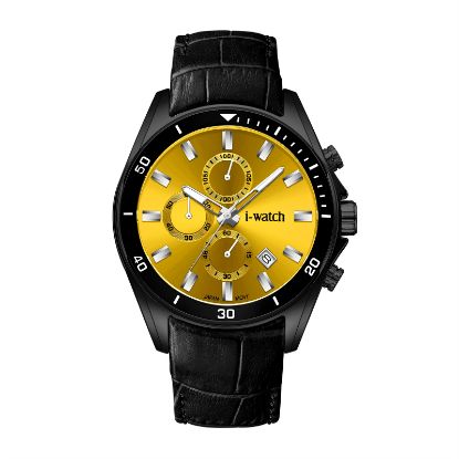 آی واچ کرونوگراف چرمی قاب مشکی صفحه زرد بند مشکی مردانه 190318