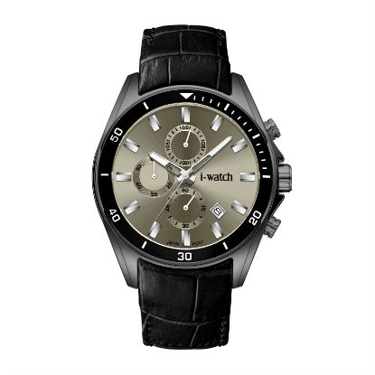 آی واچ کرونوگراف چرمی قاب دودی صفحه طوسی بند مشکی مردانه 190318