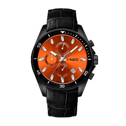 آی واچ کرونوگراف چرمی قاب مشکی صفحه نارنجی بند مشکی مردانه 190318