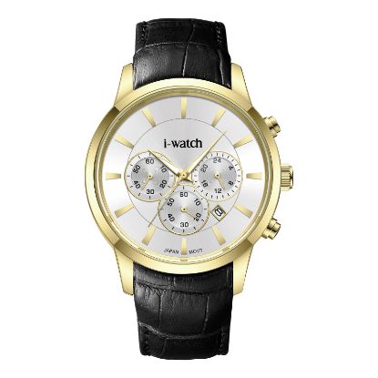 آی واچ کرونوگراف چرمی قاب طلایی صفحه سیلور بند مشکی مردانه 190320