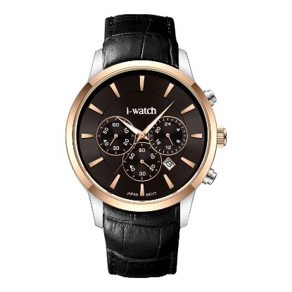 آی واچ کرونوگراف چرمی قاب دورنگ رزگلد صفحه مشکی بند مشکی مردانه 190320