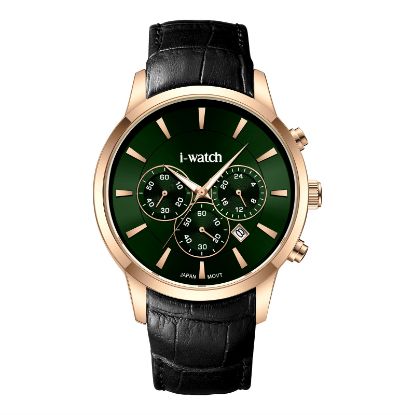 آی واچ کرونوگراف چرمی قاب رزگلد صفحه سبز بند مشکی مردانه 190320