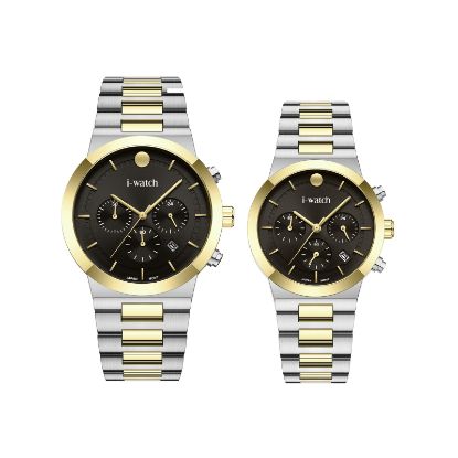 آی واچ کرونوگراف فلزی قاب دورنگ صفحه مشکی بند دورنگ ست 190321