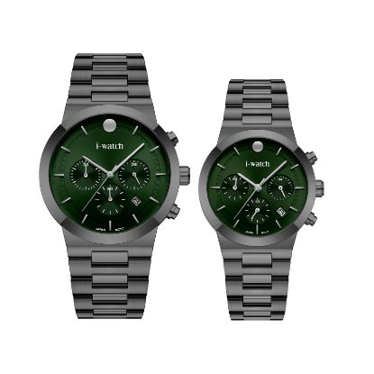 آی واچ کرونوگراف فلزی قاب دودی صفحه سبز بند دودی ست 190321