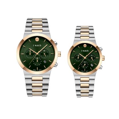 آی واچ کرونوگراف فلزی قاب دورنگ رزگلد صفحه سبز بند دورنگ رزگلد ست 190321