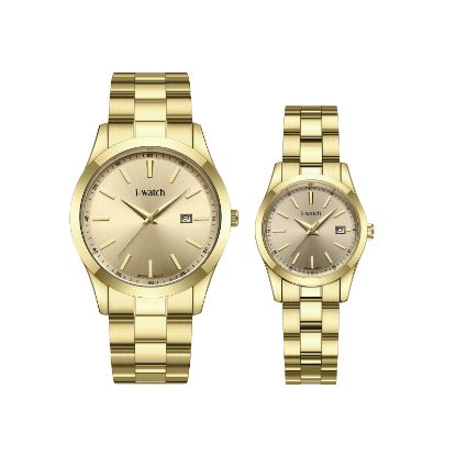 آی واچ کلاسیک فلزی قاب طلایی صفحه کرم بند طلایی ست 190335