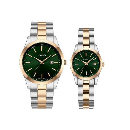 آی واچ کلاسیک فلزی قاب دورنگ رزگلد صفحه سبز بند دورنگ رزگلد ست 190335