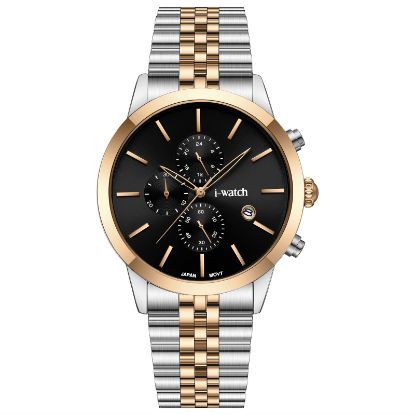 آی واچ کرونوگراف فلزی قاب دورنگ رزگلد صفحه مشکی بند دورنگ رزگلد مردانه 190323