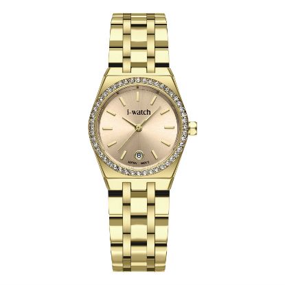 آی واچ کلاسیک فلزی قاب طلایی صفحه کرم بند طلایی نگین دار زنانه 190331
