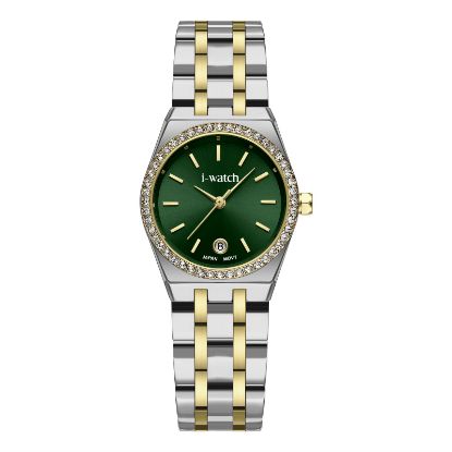 آی واچ کلاسیک فلزی قاب دورنگ صفحه سبز نگین دار بند دورنگ زنانه 190331
