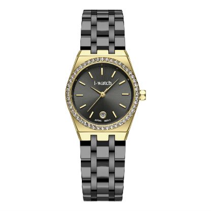 آی واچ کلاسیک فلزی قاب طلایی دودی صفحه دودی بند طلایی دودی نگین دار زنانه 190331